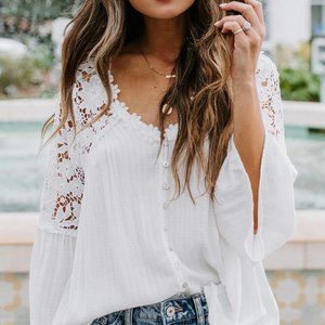 New Boho White Lace Festival Button Front Blouse